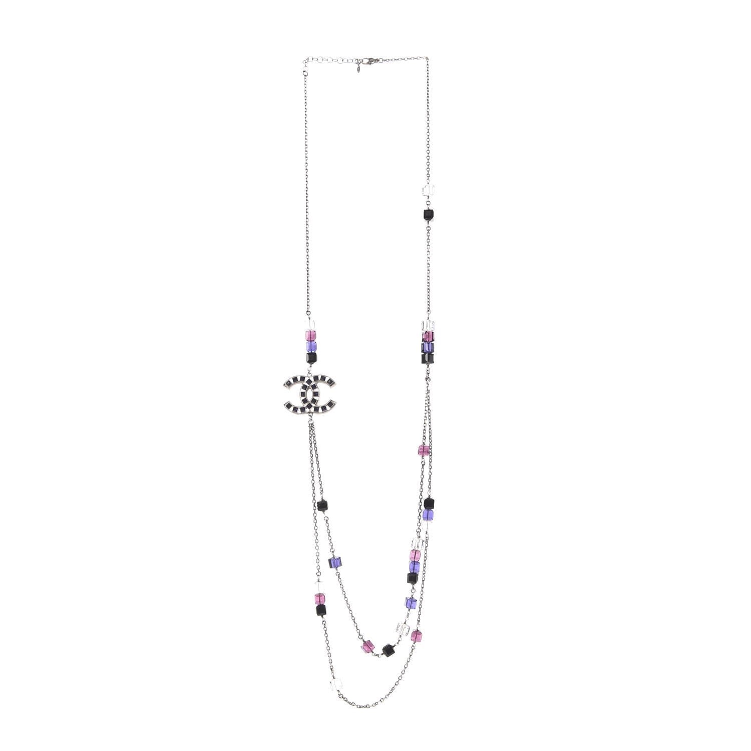 Chanel Glass Enamel CC Long Necklace Silver Purple Emerald 3 of 5