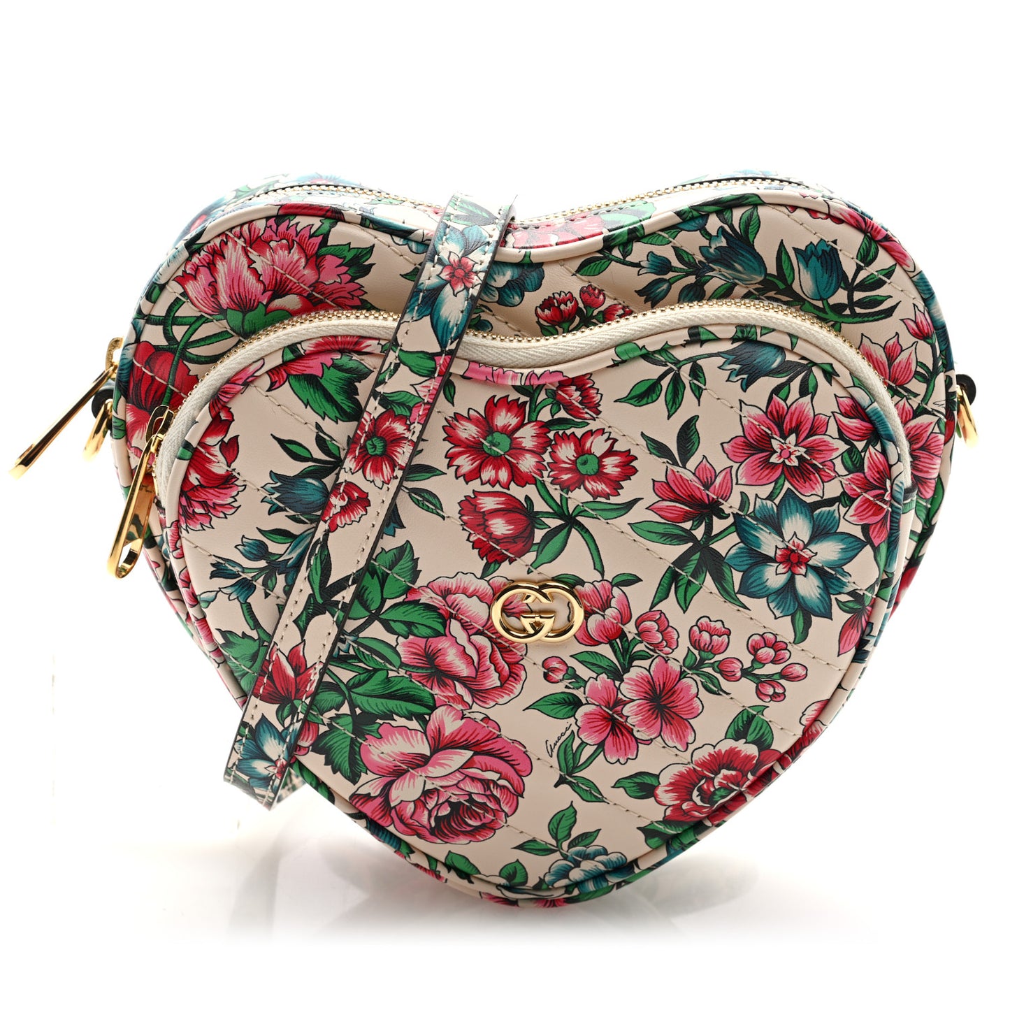 Calfskin Matelasse Diagonal Brit Roses Print Mini Interlocking G Heart Shoulder Bag White Multicolor