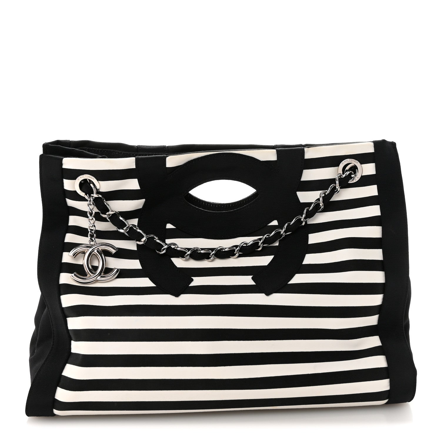 Chanel Canvas Grosgrain Striped CC Shopping Tote Black White 1 of 10