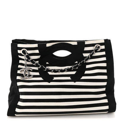 Chanel Canvas Grosgrain Striped CC Shopping Tote Black White 1 of 10