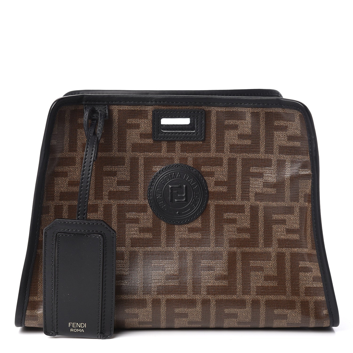 Fendi Glazed Fabric Vitello Century FF 1974 Stamp Patch Mini Peekaboo Defender Cover Mogano Panna Black 1 of 10
