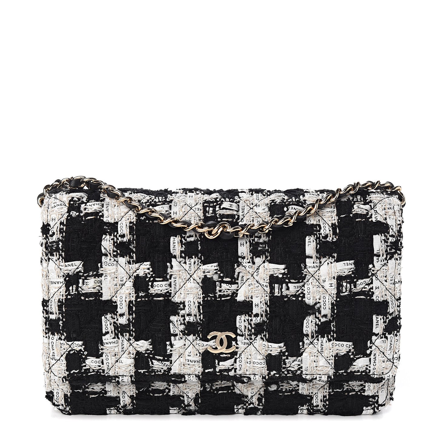 Tweed Quilted Wallet On Chain WOC Black Ecru White