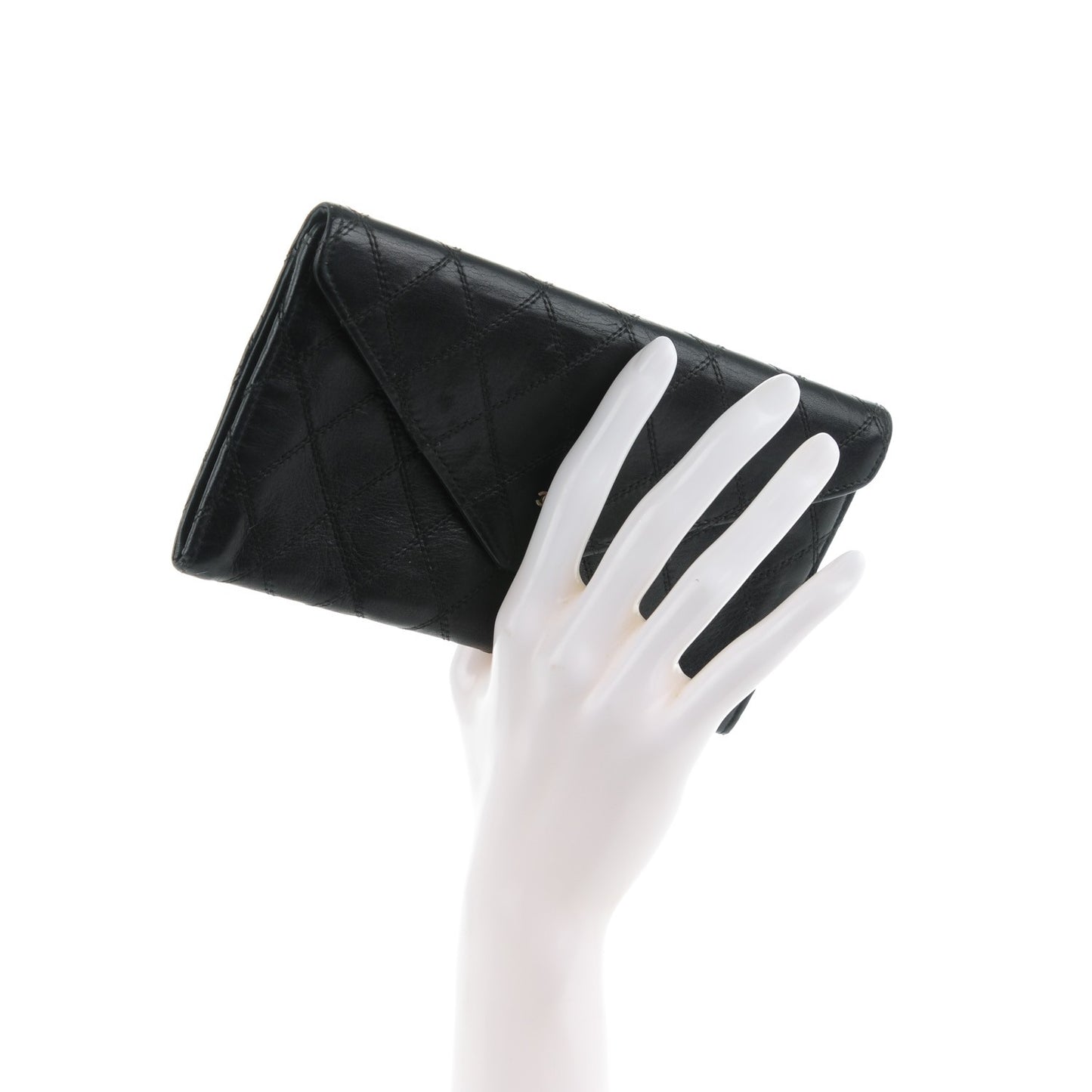 Lambskin Diamond Stitched Long Flap Wallet Black