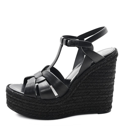 Saint Laurent Calfskin Tribute 95 Platform Espadrille Wedge Sandals 39.5 Black 1 of 9