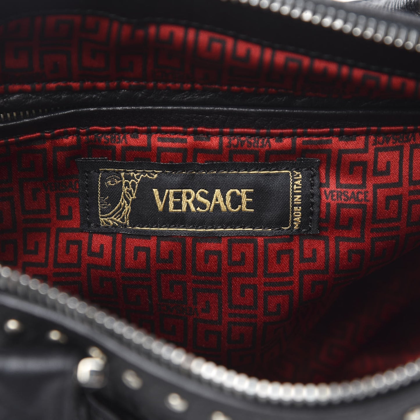 Calfskin Studded Logo Embossed Satchel Black