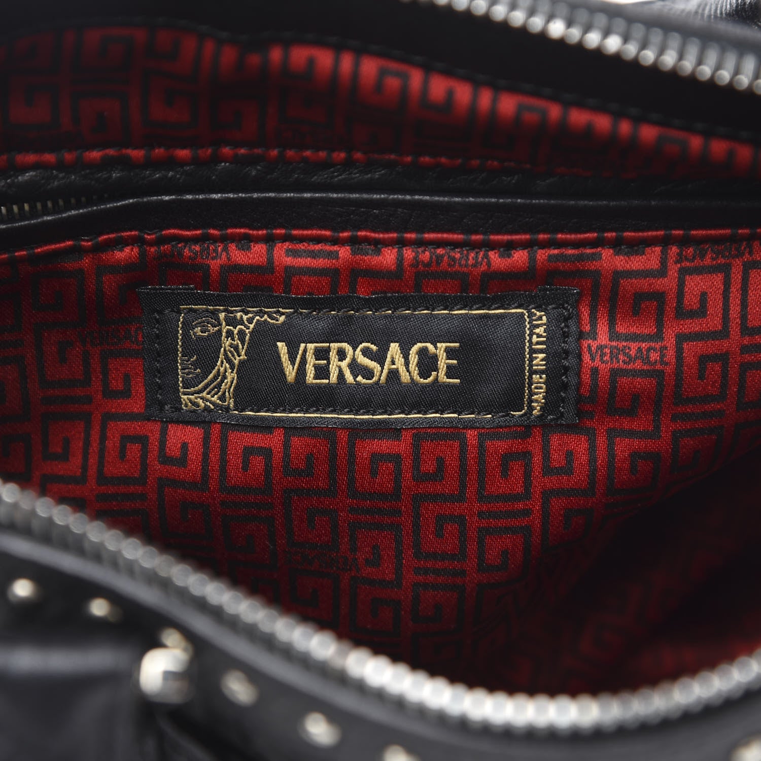 Versace Calfskin Studded Logo Embossed Satchel Black 6 of 9