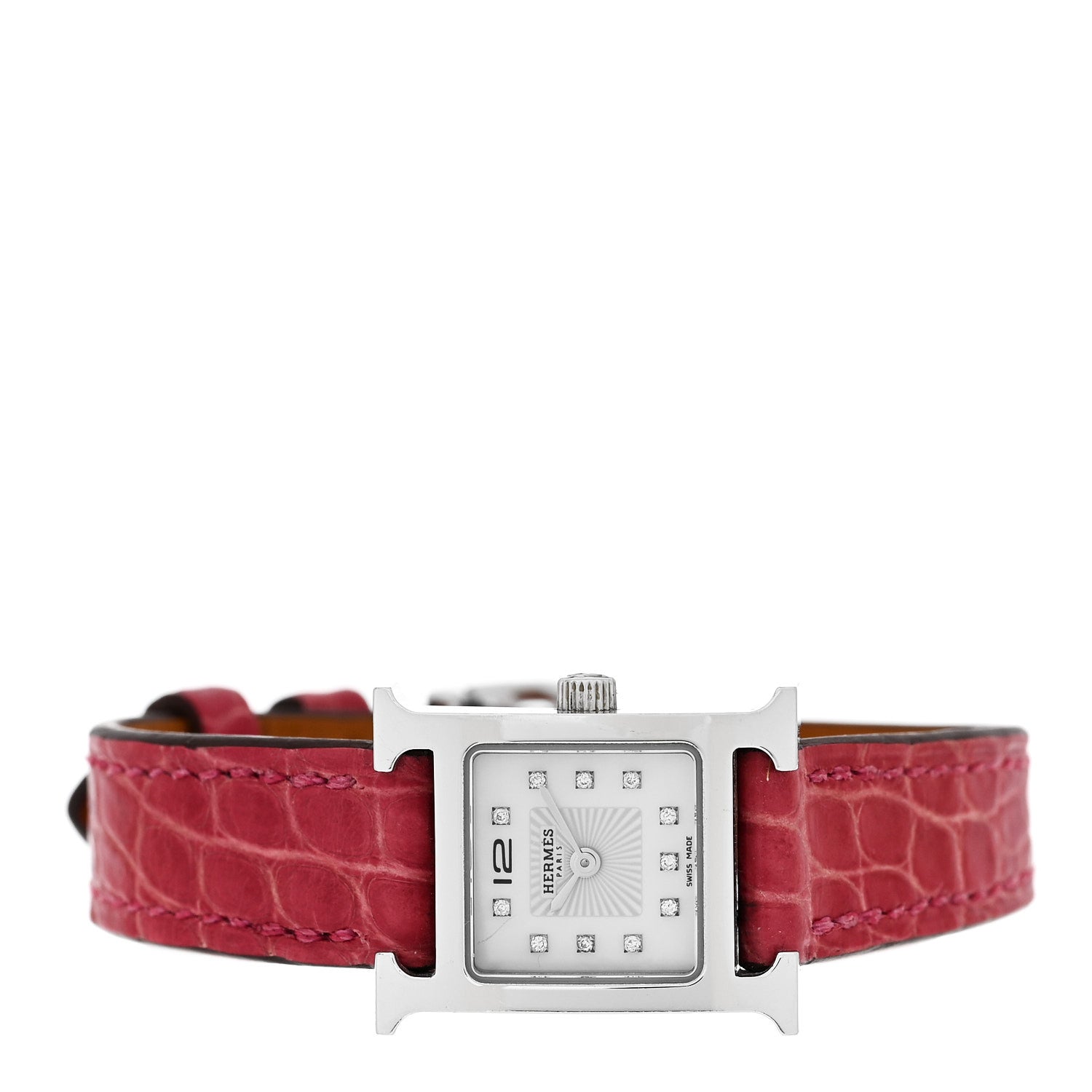 Hermes Stainless Steel Alligator Diamond Mother of Pearl 17.2mm Heure H Hour Quartz Watch Framboise 2 of 5
