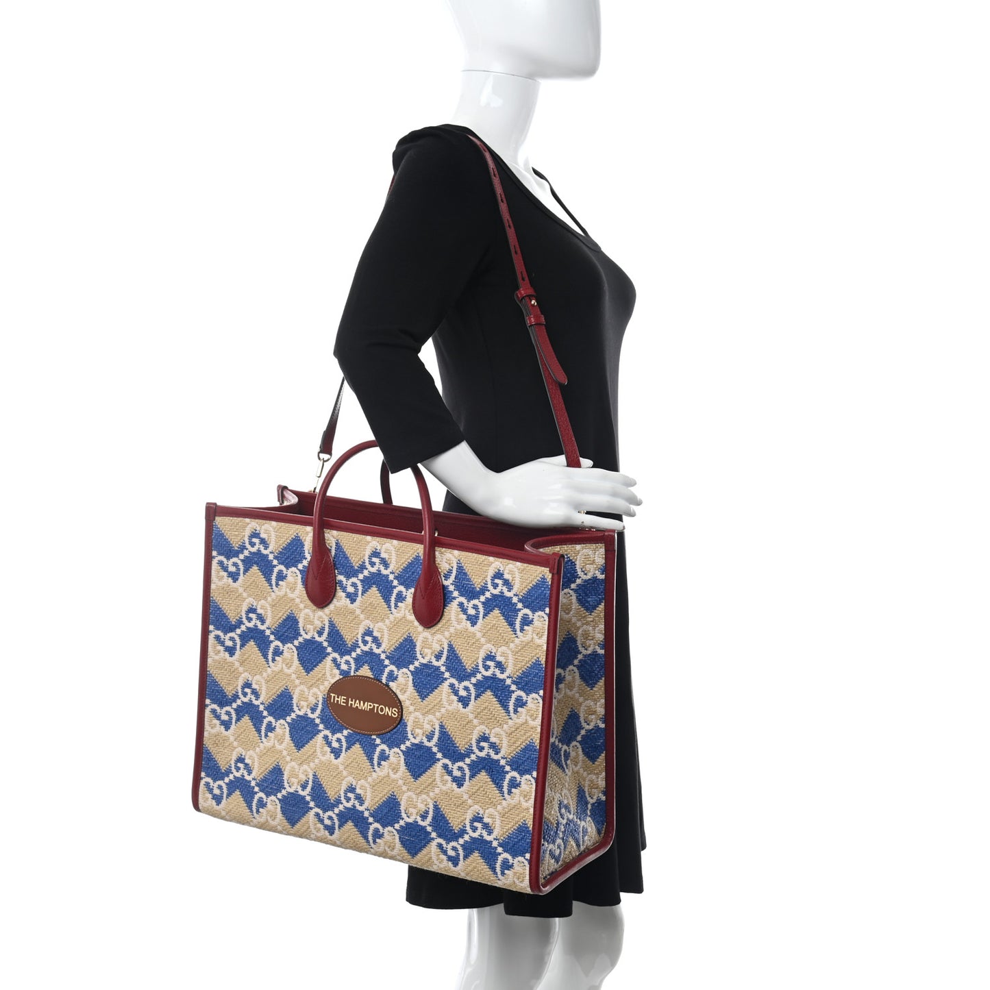 Raffia GG Monogram Hamptons Medium Tote Bag Beige Blue