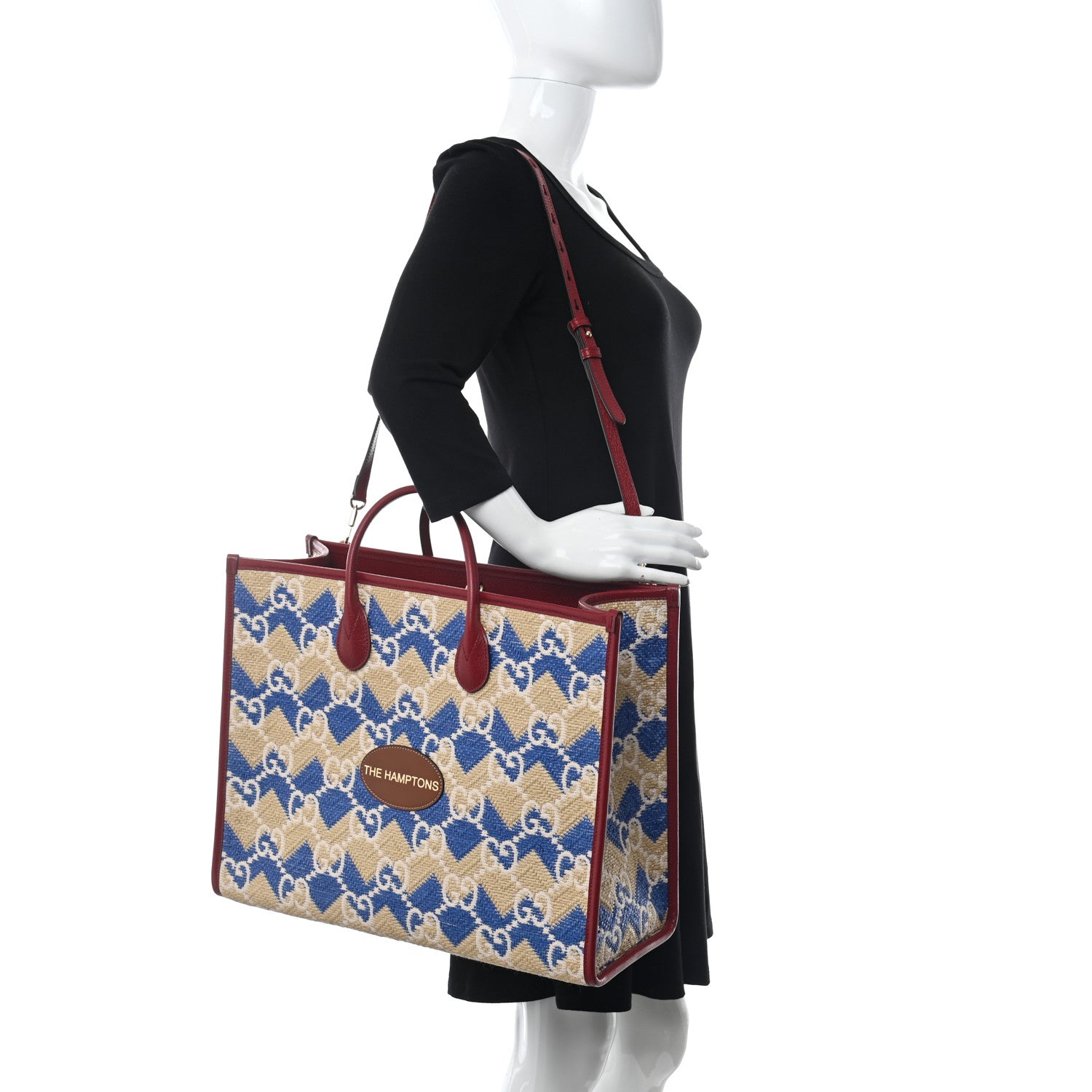 Gucci Raffia GG Monogram Hamptons Medium Tote Bag Beige Blue 2 of 10