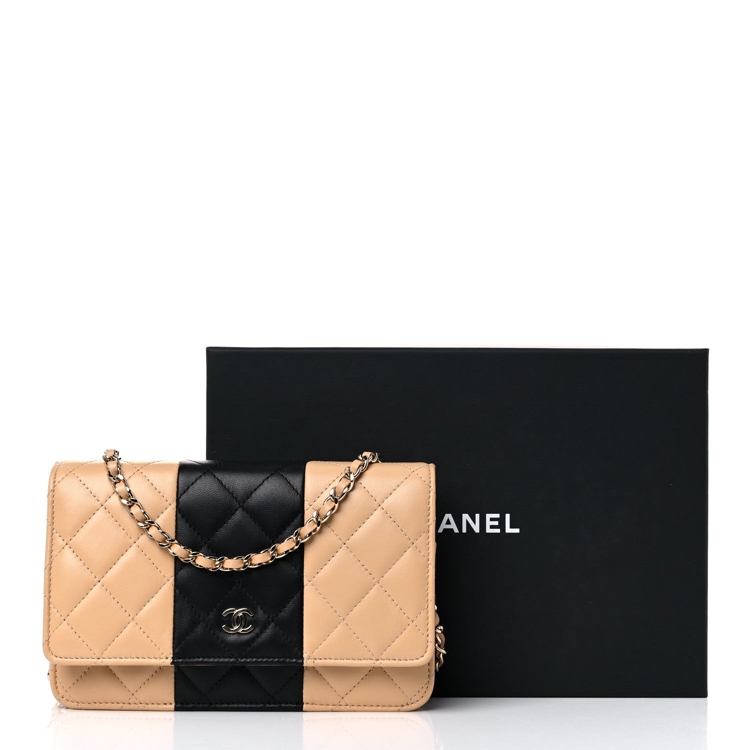 Chanel Lambskin Quilted Wallet On Chain WOC Beige Black 15 of 15