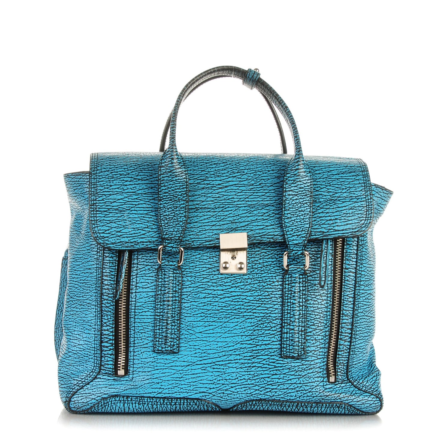 3.1 Shark Embossed Textured Calfskin Large Pashli Satchel Turquoise Black
