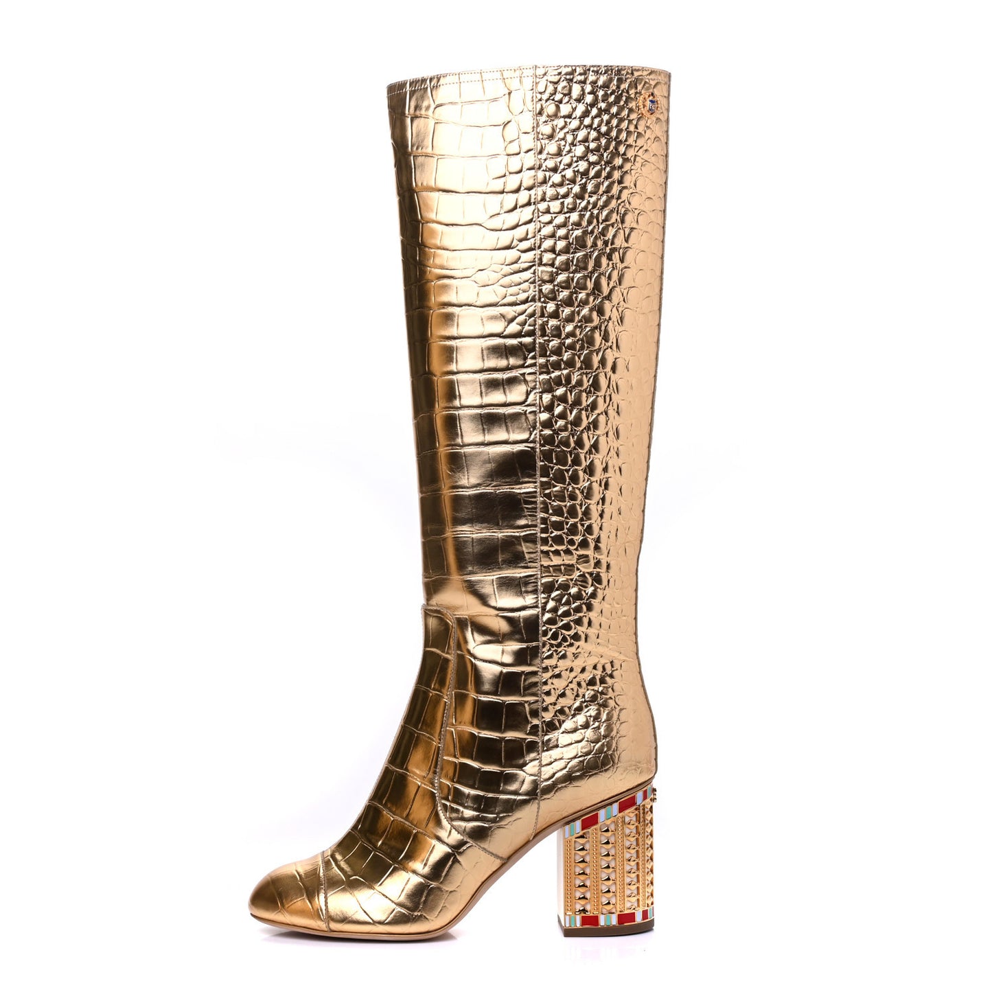 Calfskin Crocodile Embossed Cap Toe High Boots 38.5 Gold