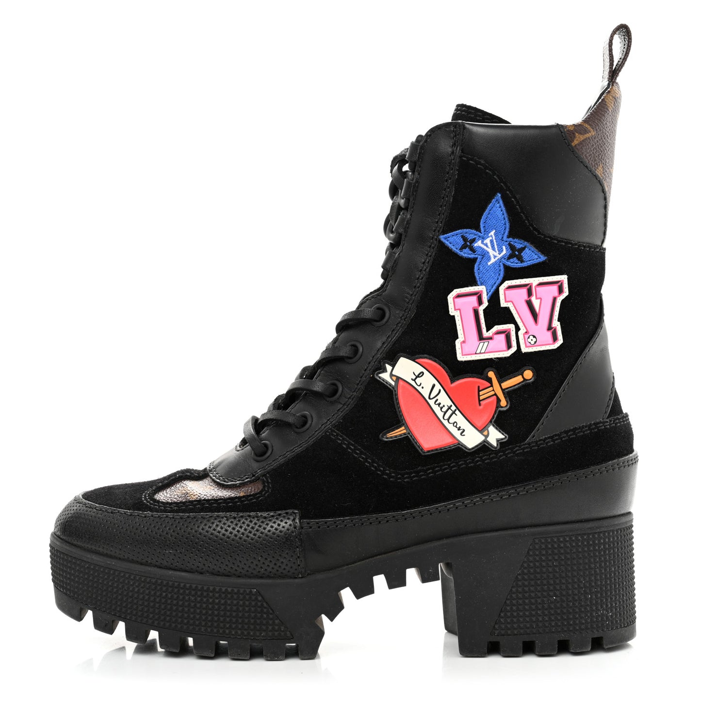 Suede Calfskin Monogram LV Black Heart Laureate Platform Desert Boots 35.5 Black