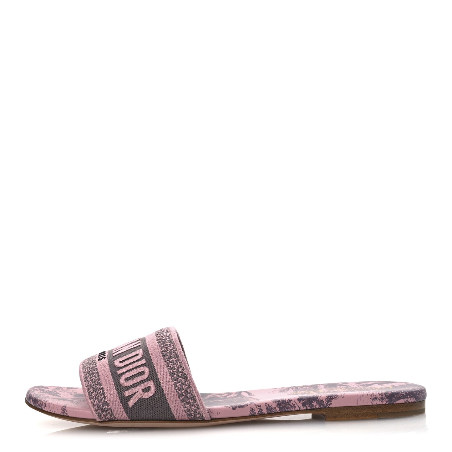 Canvas Toile De Jouy Embroidered Dway Flat Slide Sandals 38.5 Chateau Rose