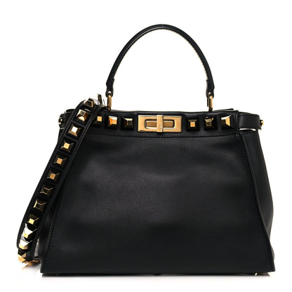 Fendi Vitello Seta Gold Studded Medium Peekaboo Iconic Satchel Black 1 of 12