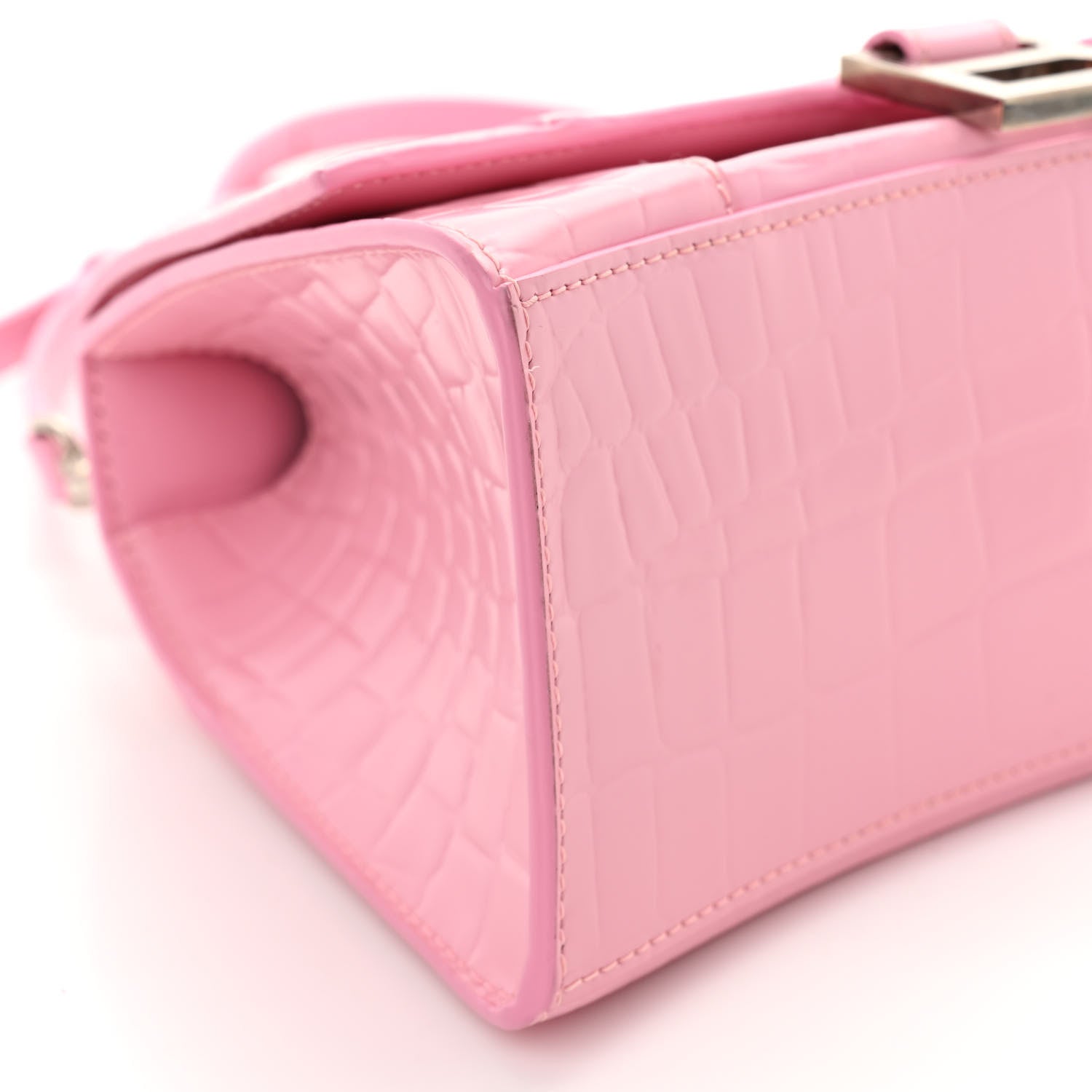 Balenciaga Semi Shiny Calfskin Crocodile Embossed Small Hourglass Top Handle Bag Pink 8 of 10