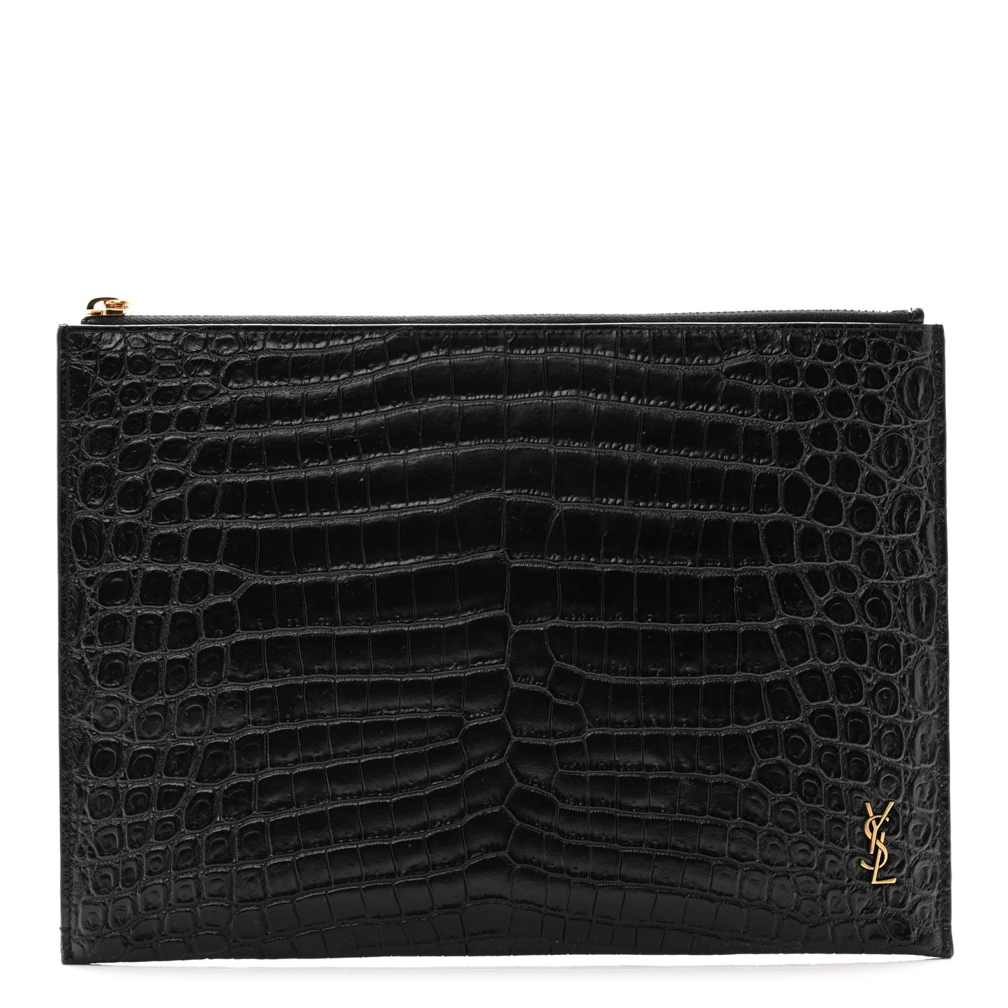 Calfskin Crocodile Embossed Tiny Monogram Zipped Tablet Holder Black