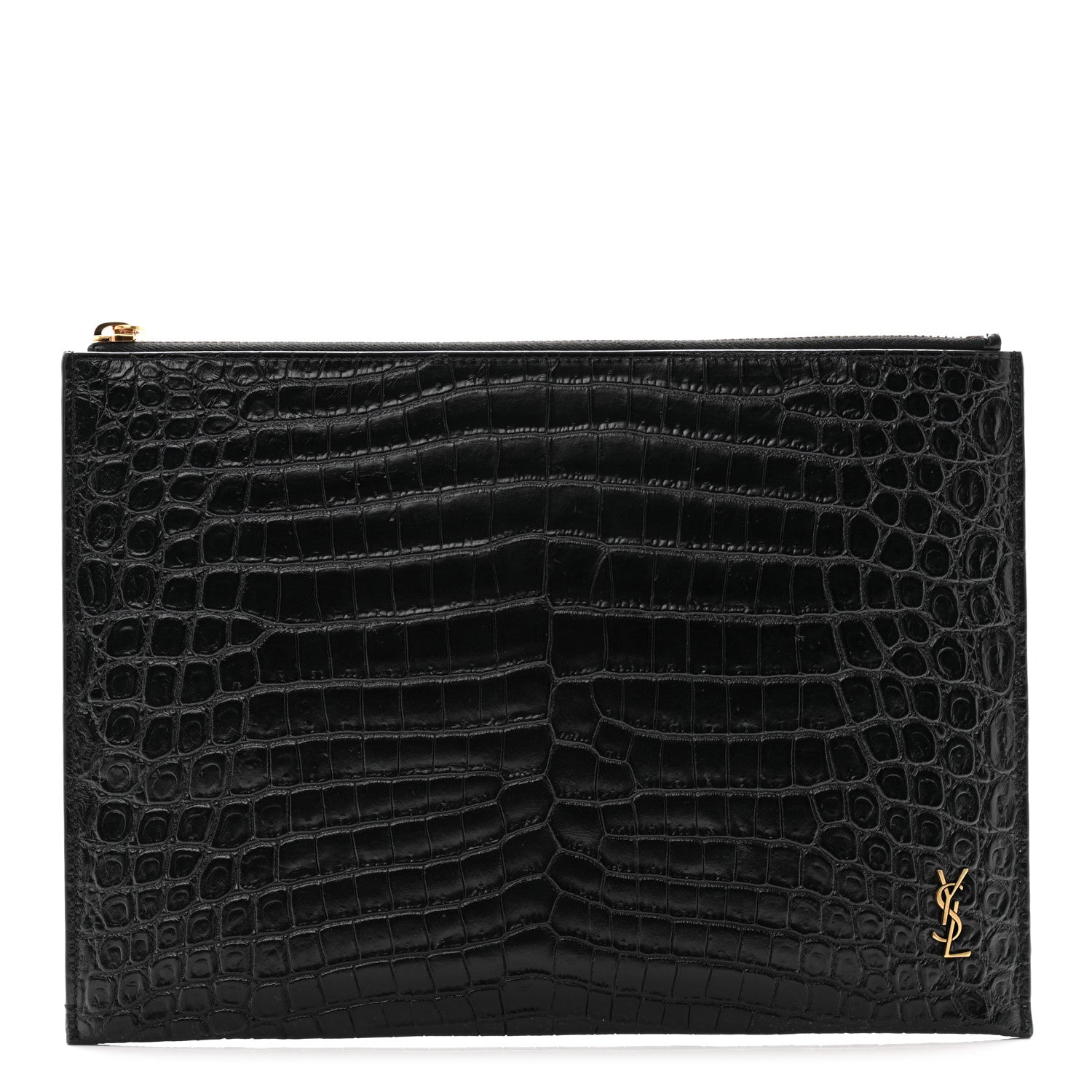 Saint Laurent Calfskin Crocodile Embossed Tiny Monogram Zipped Tablet Holder Black 1 of 9