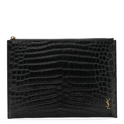 Saint Laurent Calfskin Crocodile Embossed Tiny Monogram Zipped Tablet Holder Black 1 of 9
