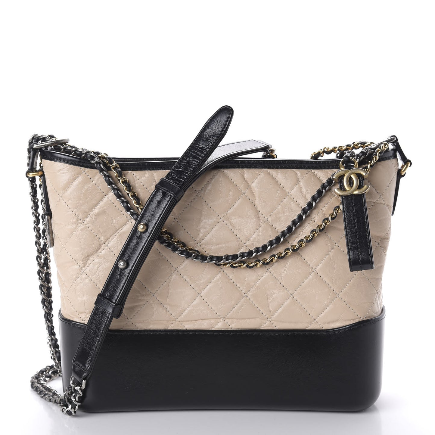 Aged Calfskin Quilted Medium Gabrielle Hobo Beige Black