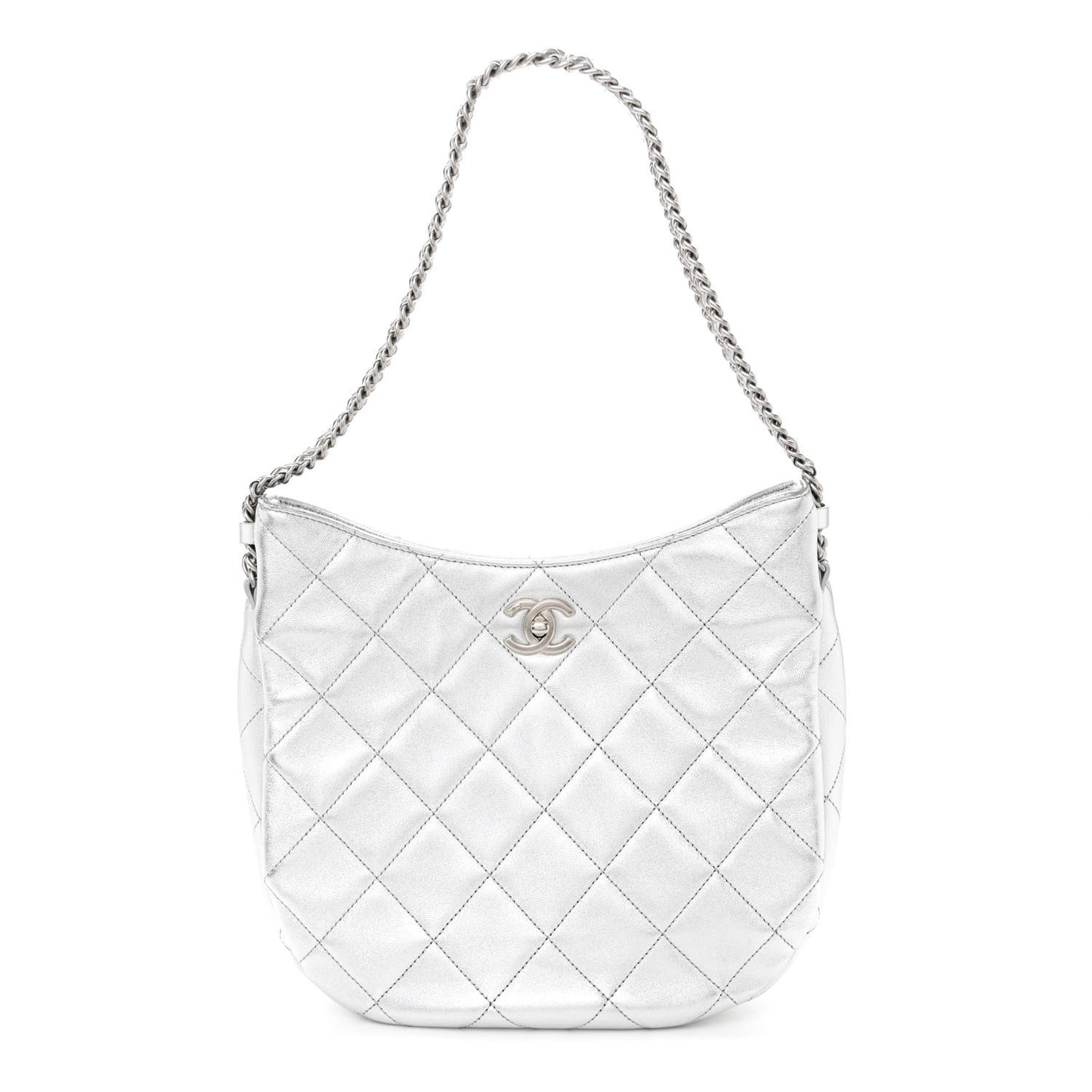 Metallic Lambskin Chain Rows Quilted Chain Hobo Silver