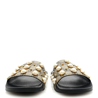 Gucci GG Supreme Monogram Pearls Slide Sandals 36 Beige 3 of 8