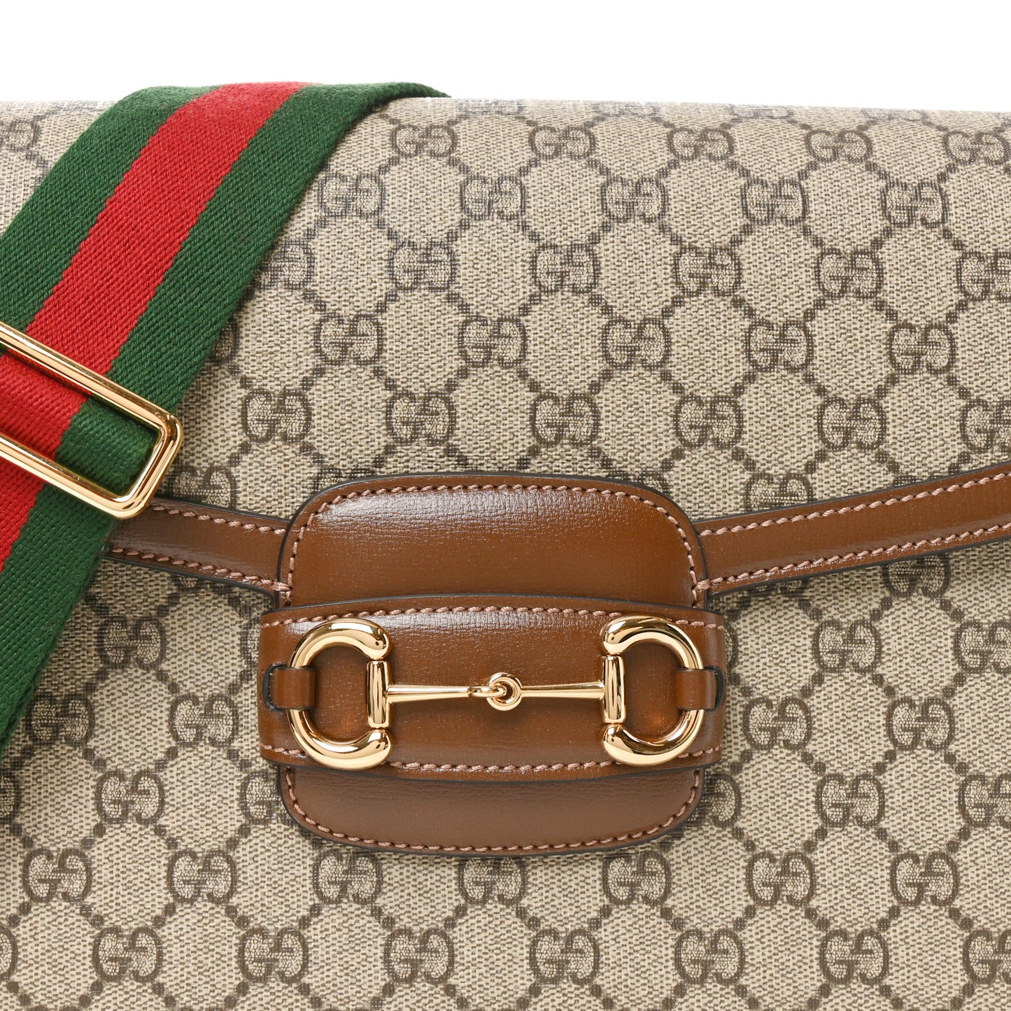 GG Supreme Monogram Azalea Calfskin Web Medium Horsebit 1955 Shoulder Bag Beige Ebony Brown Sugar