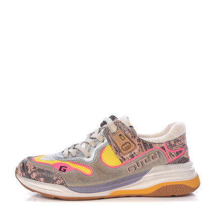 Gucci Suede Calfskin Tejus Printed Womens Ultrapace Sneakers 39 Pink Silver Oatmeal Yolk 1 of 9