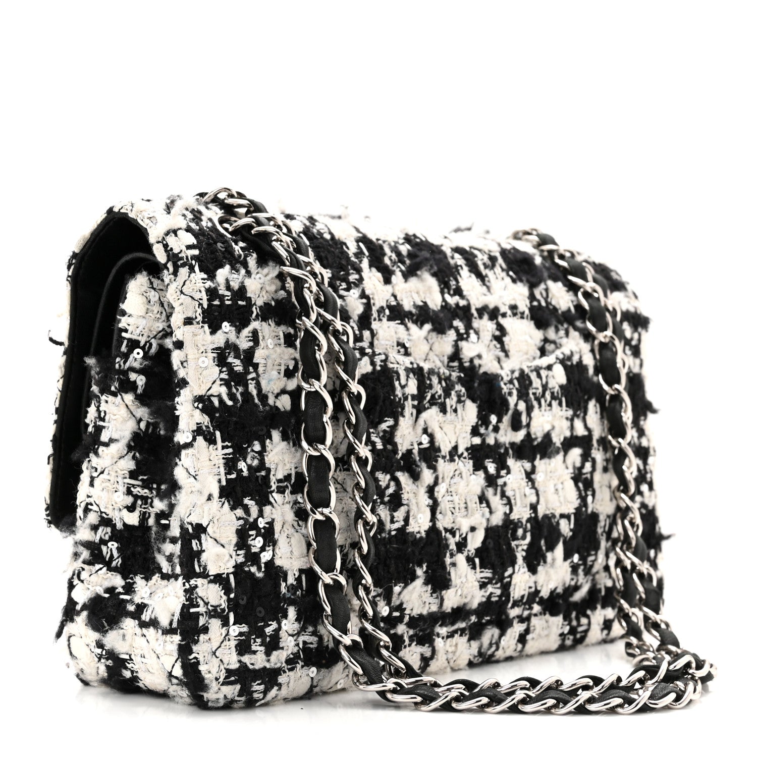 Chanel Tweed Quilted Medium Double Flap Black Ecru White 3 of 10