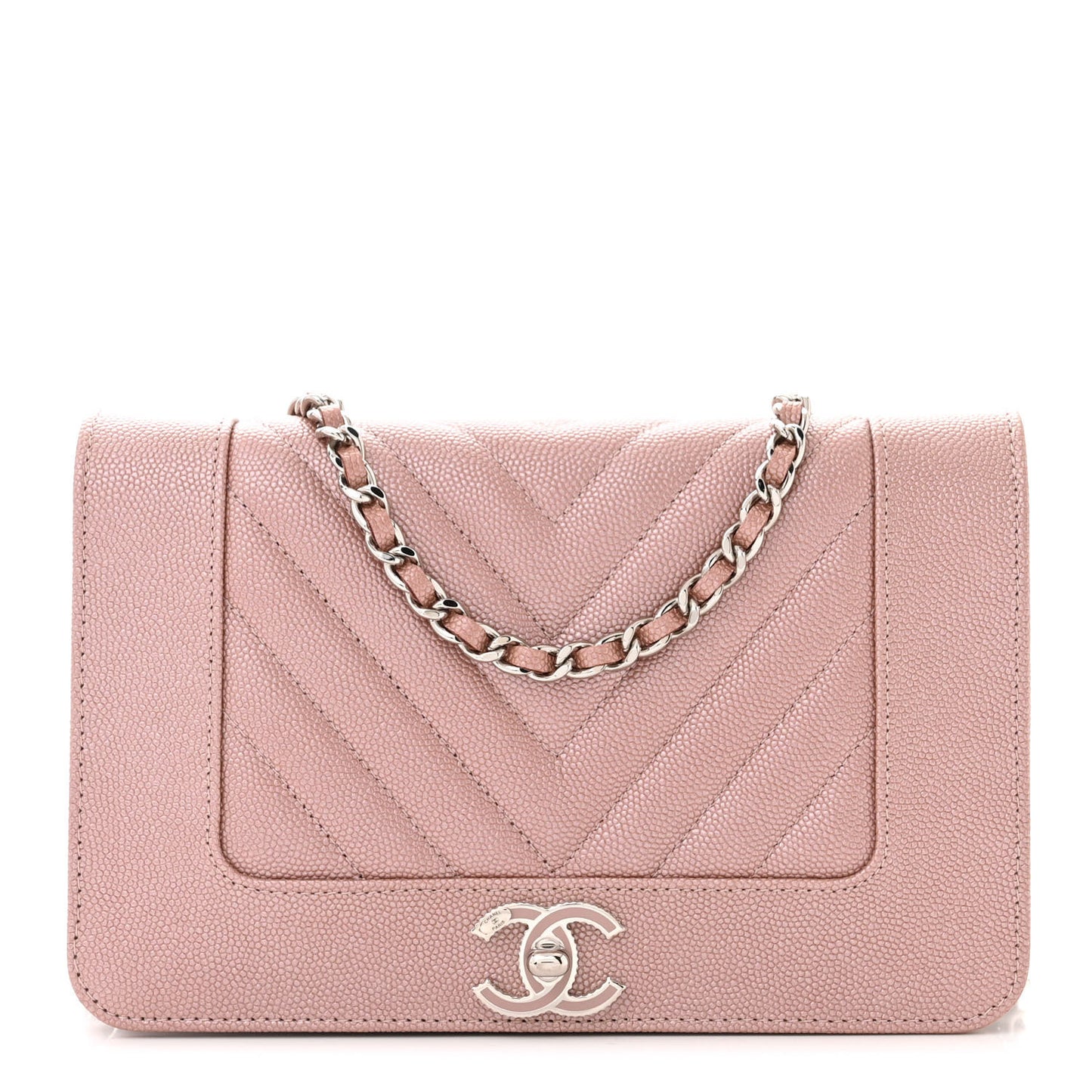 Metallic Caviar Chevron Quilted Vintage Mademoiselle Wallet On Chain WOC Pink