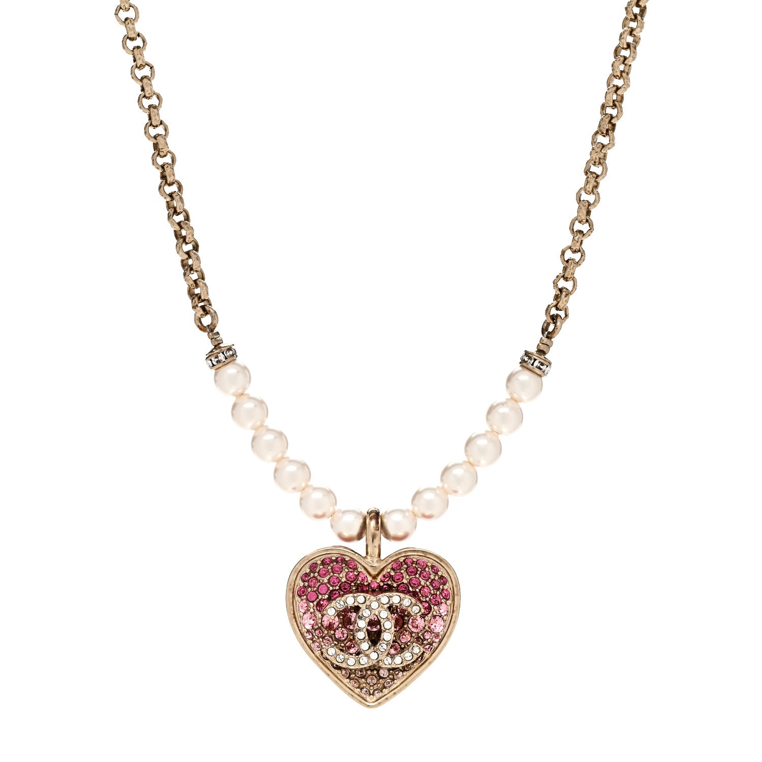 Chanel Pearl Crystal Resin CC Heart Short Necklace Pink Gold White 1 of 7
