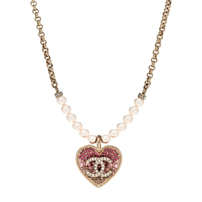 Chanel Pearl Crystal Resin CC Heart Short Necklace Pink Gold White 1 of 7