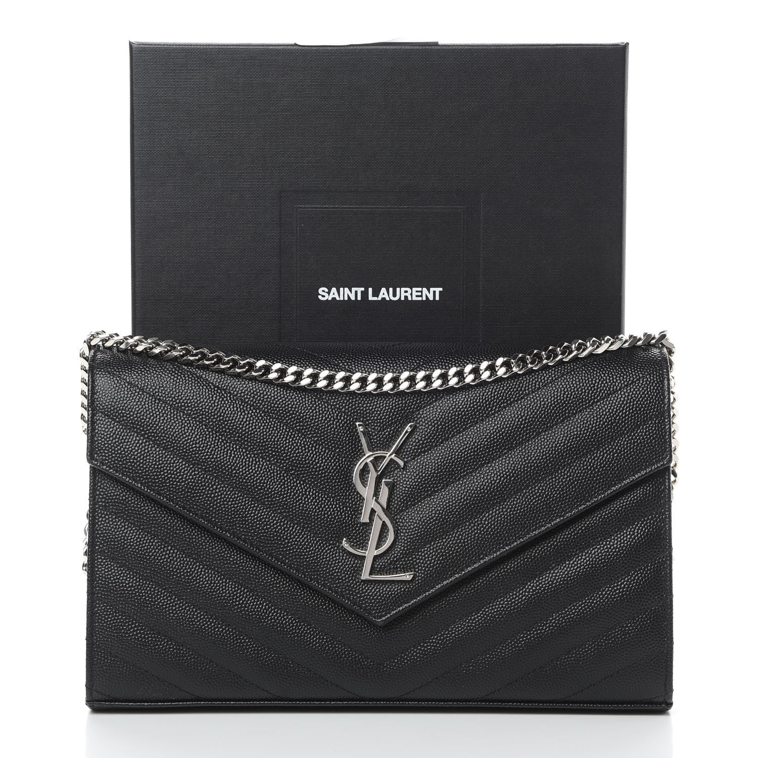 Saint Laurent Grain De Poudre Matelasse Chevron Monogram Chain Wallet Black 11 of 11