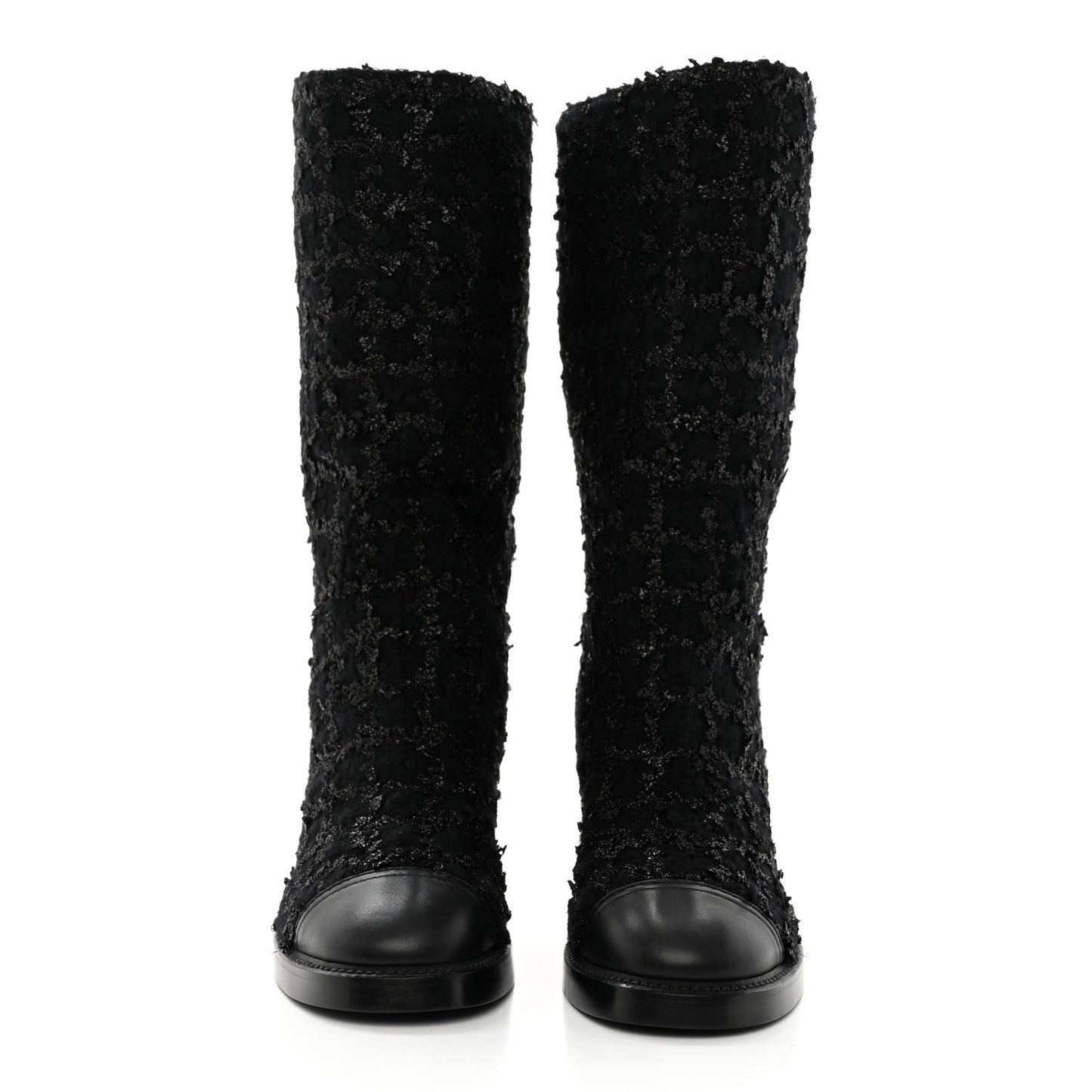 Iridescent Wool Silk Tweed Calfskin CC Cap Toe High Boots 40 Black