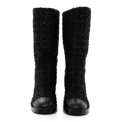 Chanel Iridescent Wool Silk Tweed Calfskin CC Cap Toe High Boots 40 Black 2 of 9