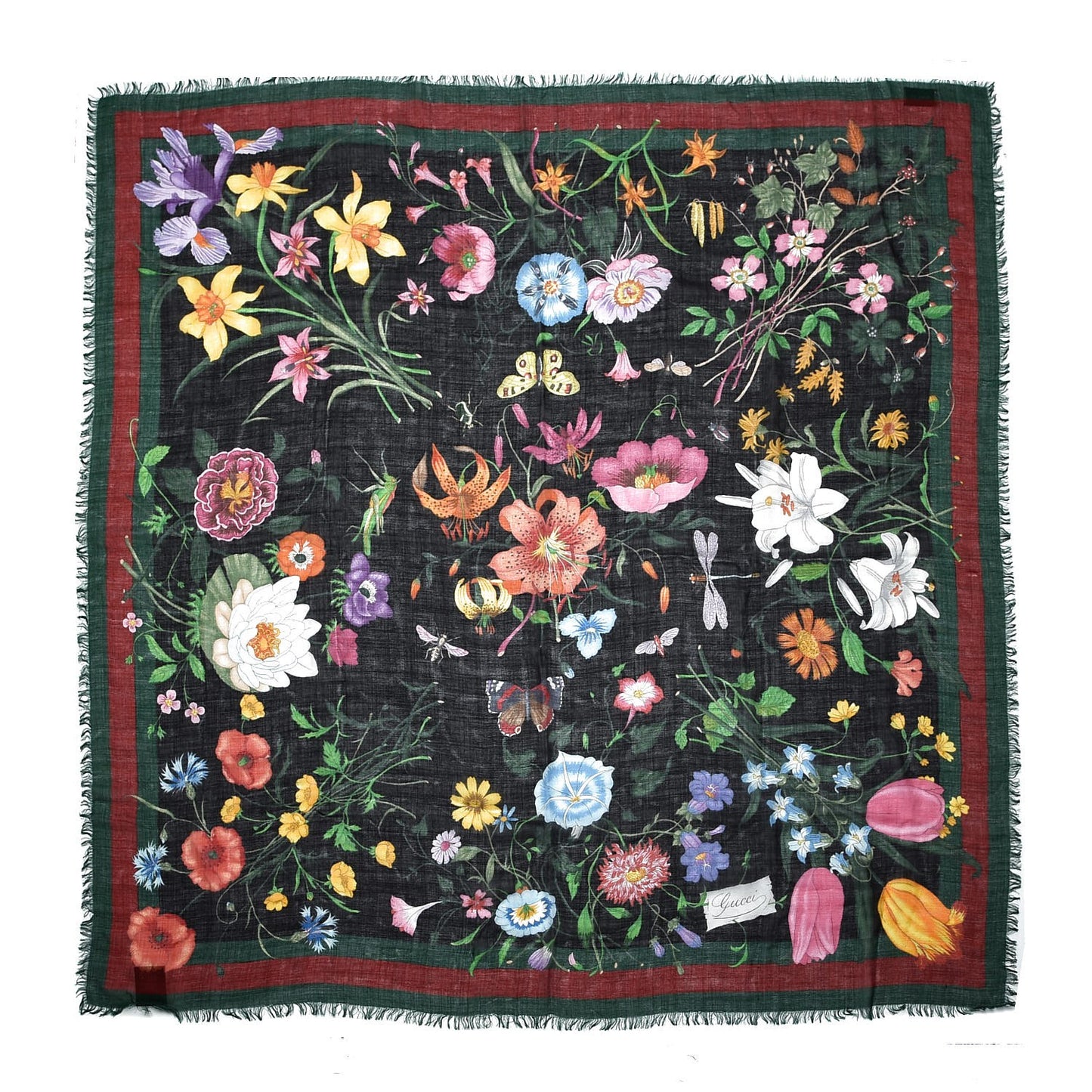 Wool Silk Floral Web Square Scarf Black Dark Green