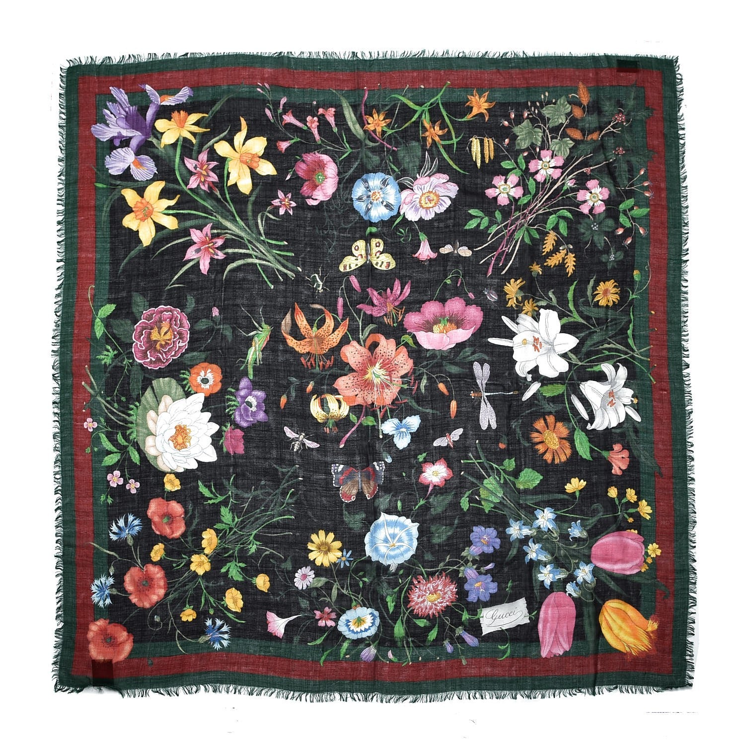 Gucci Wool Silk Floral Web Square Scarf Black Dark Green 1 of 5