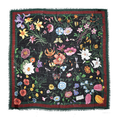 Gucci Wool Silk Floral Web Square Scarf Black Dark Green 1 of 5