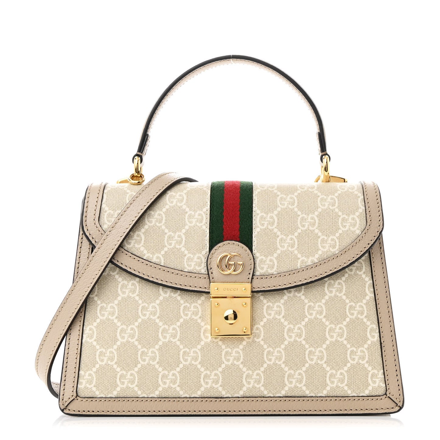 GG Supreme Monogram Textured Dollar Calfskin Web Small Ophidia Padlock Top Handle Bag Beige Mystic White Oatmeal