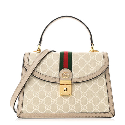 Gucci GG Supreme Monogram Textured Dollar Calfskin Web Small Ophidia Padlock Top Handle Bag Beige Mystic White Oatmeal 1 of 10