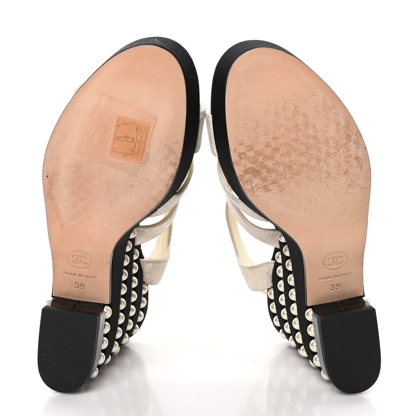 Metallic Crumpled Calfskin Grosgrain Pearl Wedge Sandals 39 Black Silver