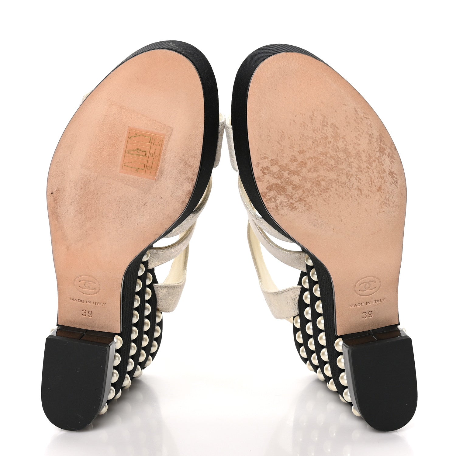 Chanel Metallic Crumpled Calfskin Grosgrain Pearl Wedge Sandals 39 Black Silver 5 of 9