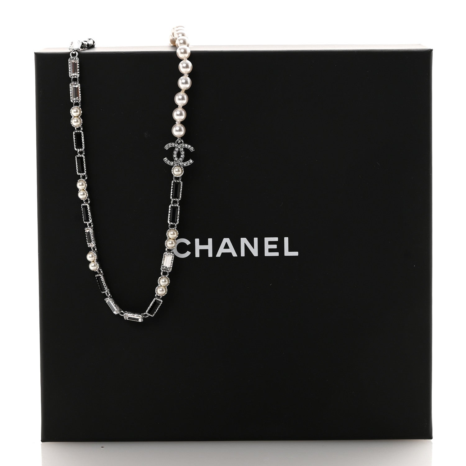 Chanel Pearl Baguette Crystal CC Choker Necklace Silver Black