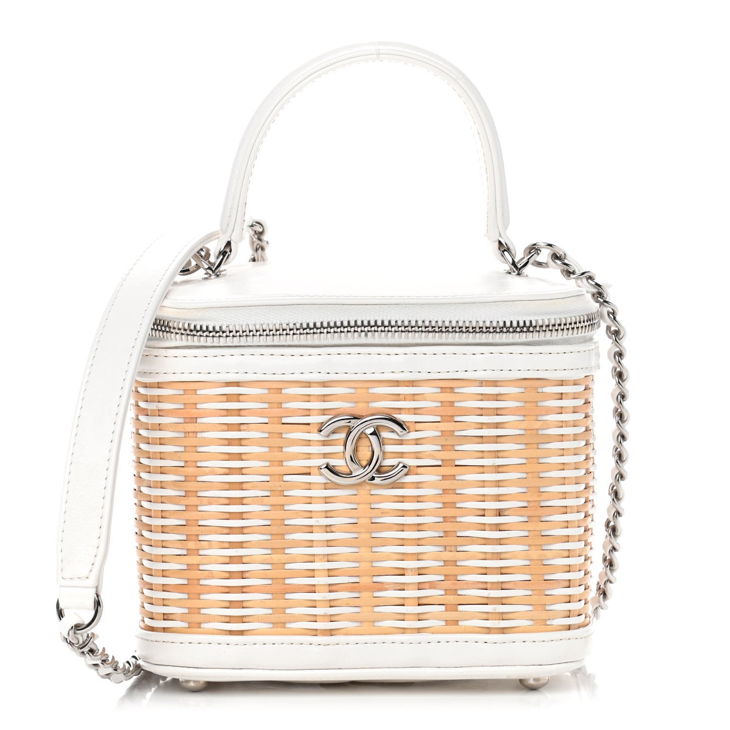 Calfskin Raffia Small Vanity Case Bag White Beige