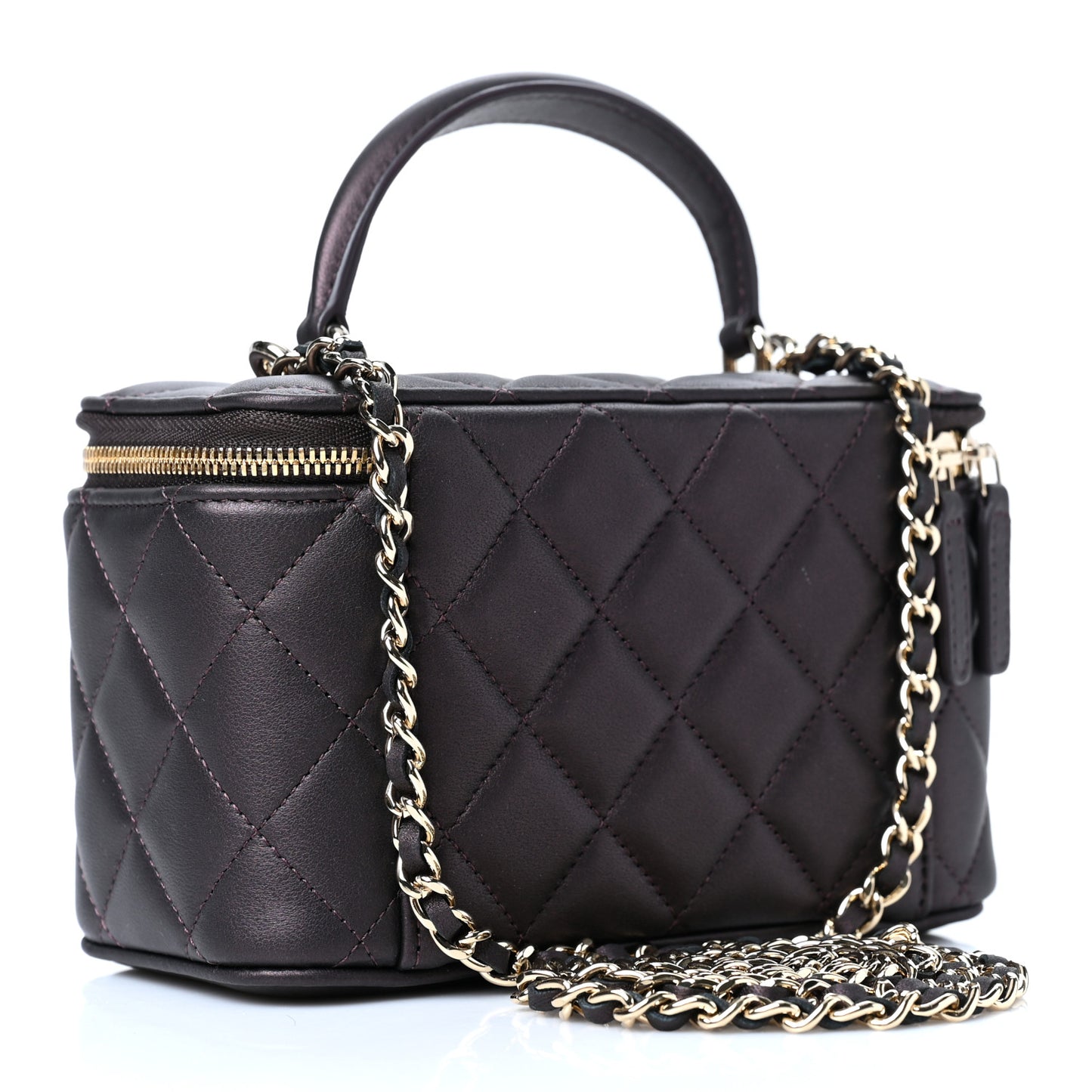 Iridescent Lambskin Quilted Small Top Handle Vanity Case With Chain Burgundy
