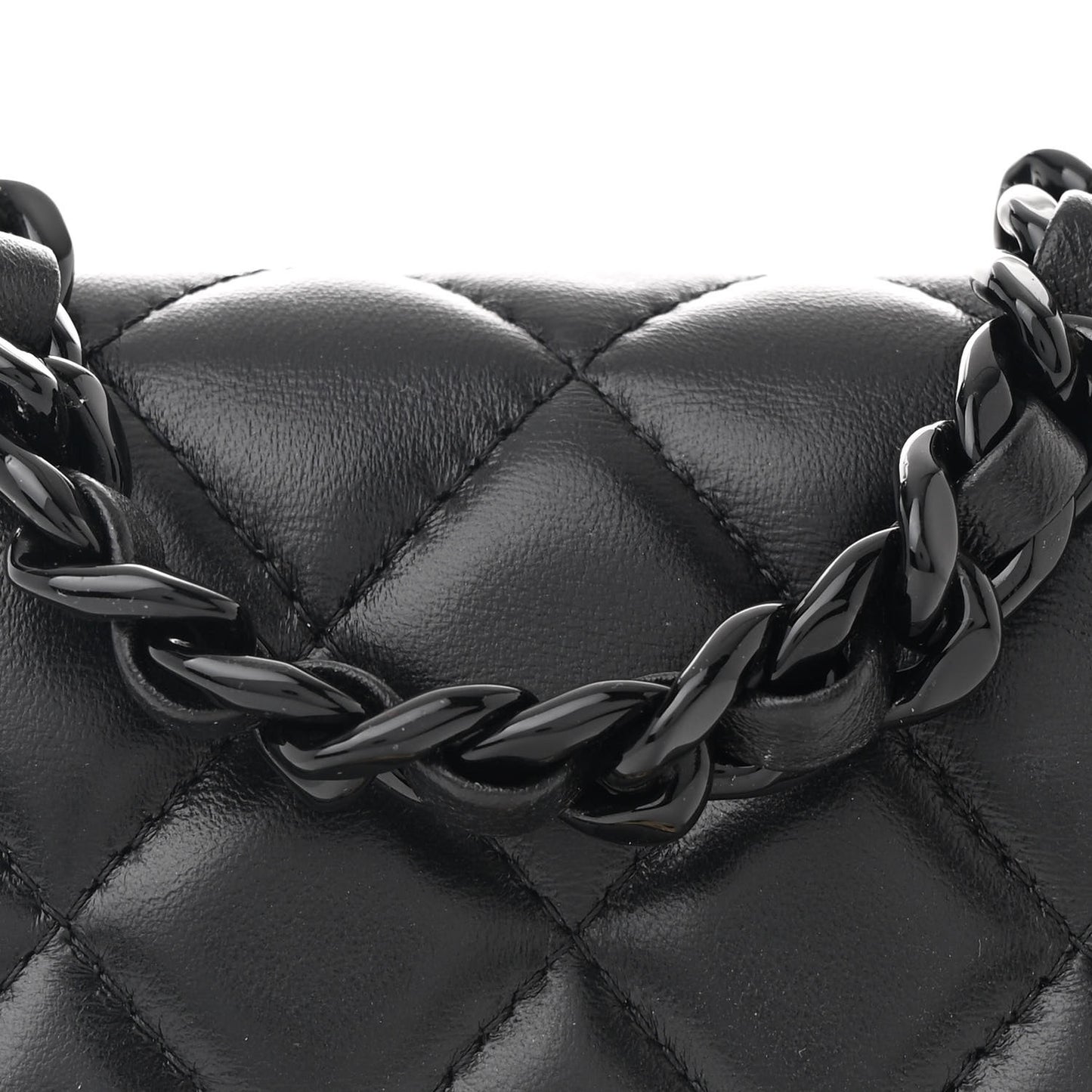 Lambskin Quilted Lacquered Chain Phone Holder With Chain Black