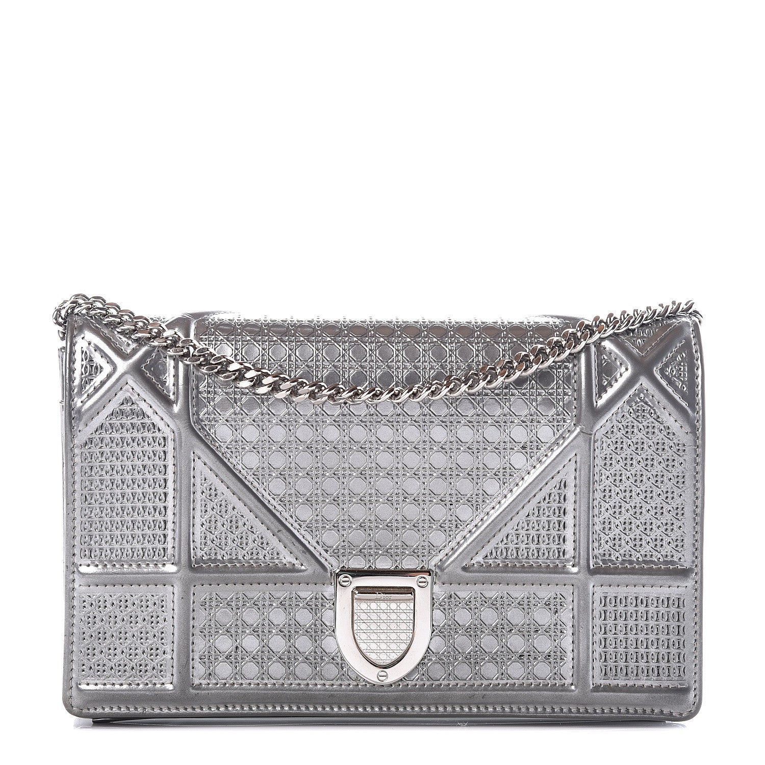 Christian Dior Metallic Patent Micro-Cannage Diorama Wallet on Chain Pouch Silver 1 of 9