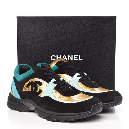 Chanel Fabric Suede Calfskin Sneakers 41 Black Turquoise Gold 8 of 8