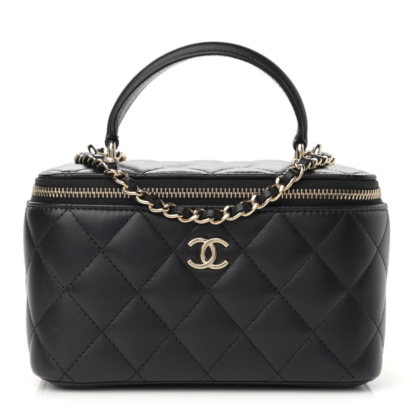 Lambskin Quilted Small Top Handle Vanity Case With Chain Black