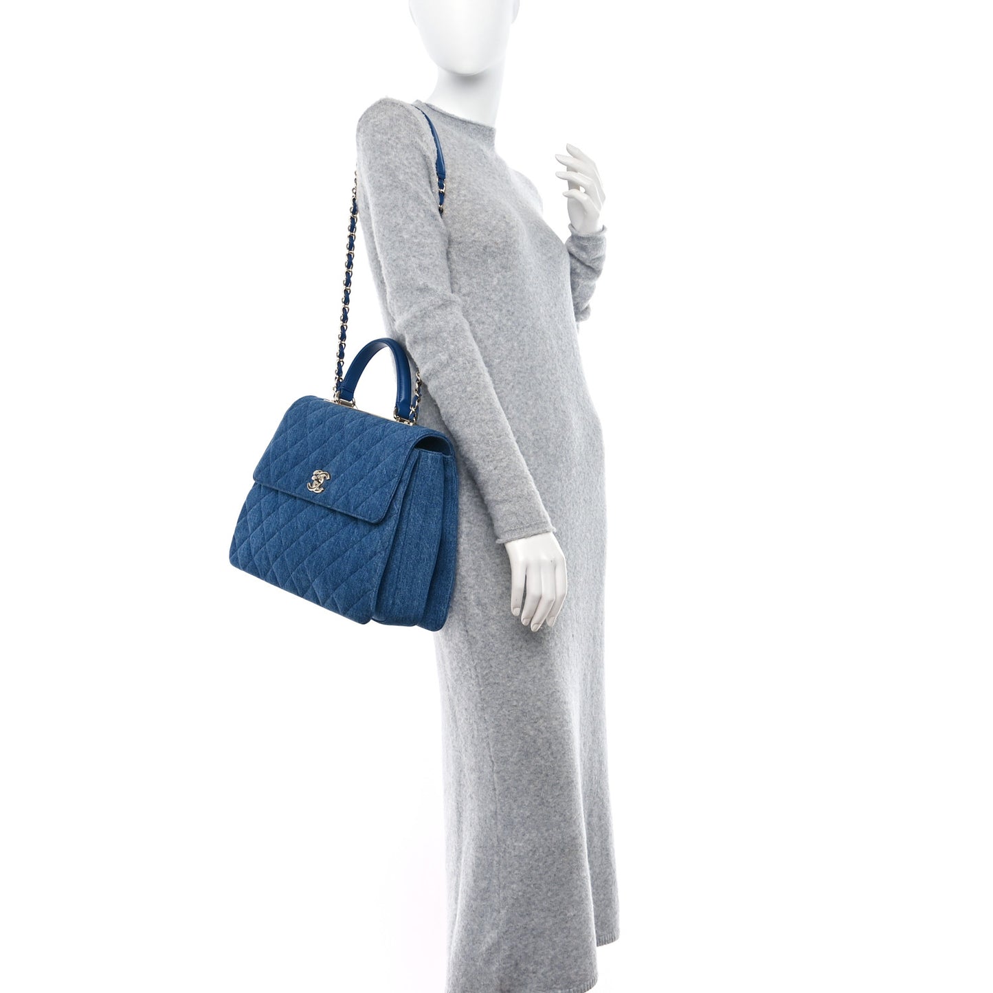 Denim Quilted Large Trendy CC Flap Dual Handle Bag Blue